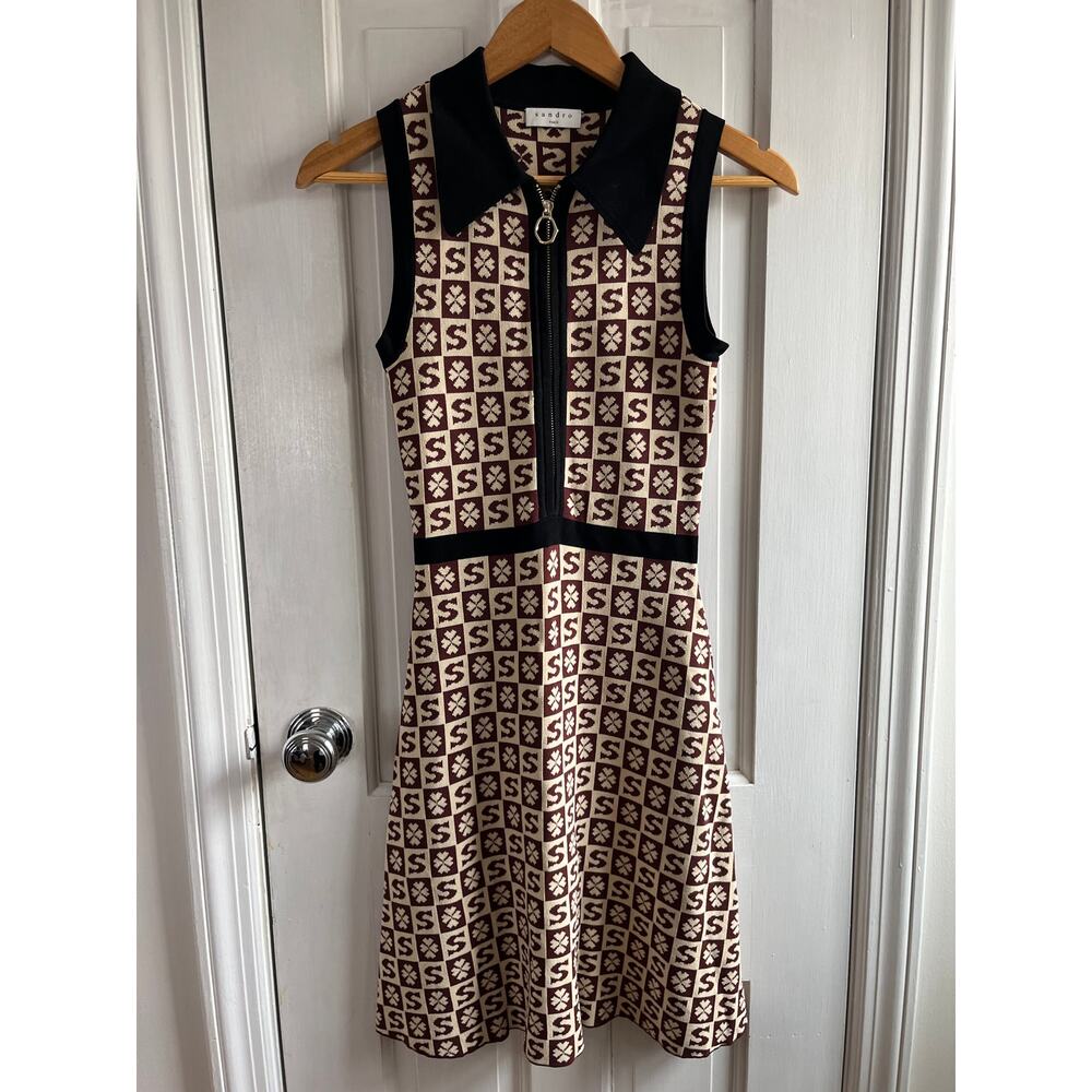 Sandro Paris Sleeveless Jacquard Polo Mini Dress - Monogram Logo, Sz XS - Picture 3 of 10